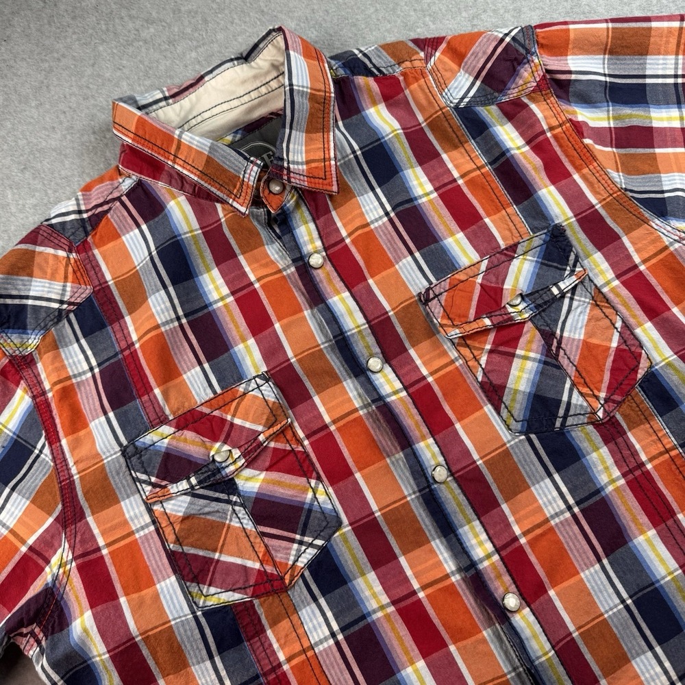 BKE Shirt Mens Large Athletic Fit Red‎ Western Pearl Snap Plaid Short Sleeve